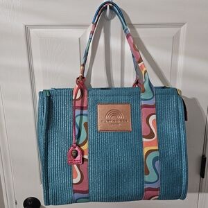 NEW Kurt Geiger Large Southbank Zip Top Raffia Beach/Shopper: Blue/multi Swirl